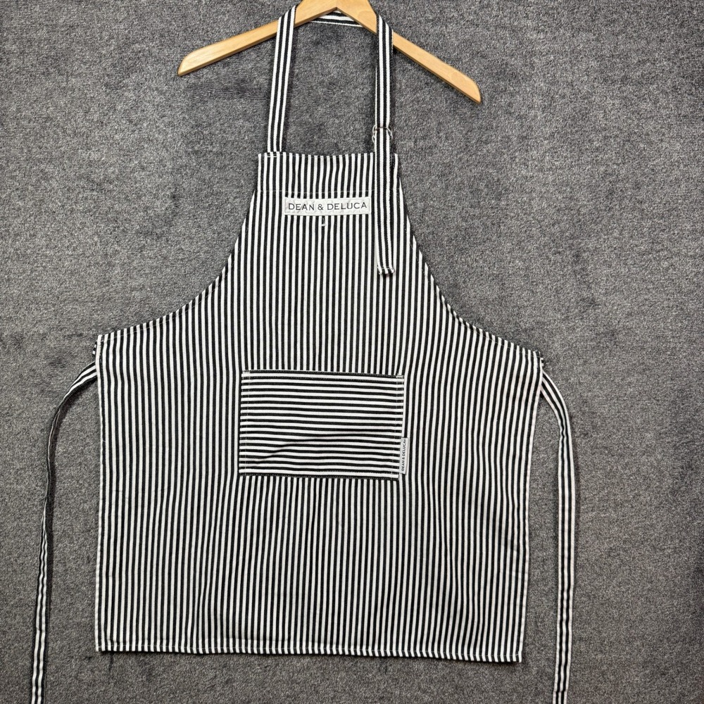 Dean & Deluca Apron Striped Bib Black White Adjustable Cotton Blend Pocket